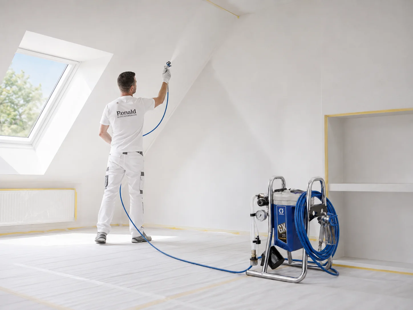 Schilder die een zolderruimte airless spuit met professionele Graco apparatuur