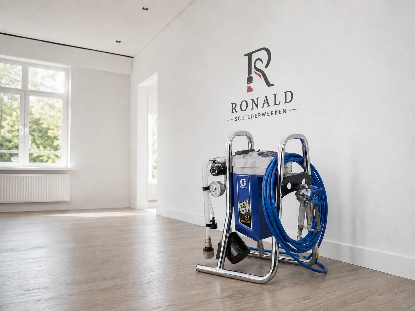 Graco GX21 airless spuitmachine van Ronald Schilderwerken in strak geschilderde ruimte